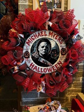 Hand Crafted Red and Black Halloween Horror Wreath